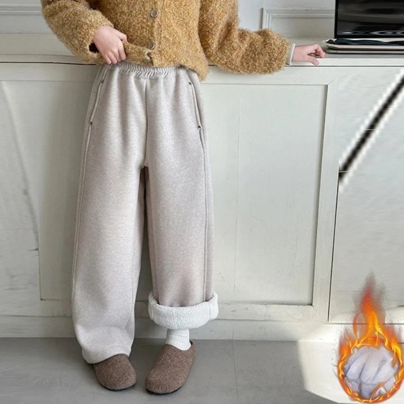 

Winter Girls Fleece Casual Wide Leg Pants Warm Versatile Trousers for Teen 10 12 14 Years Teen School Kids Straight Sweatpants