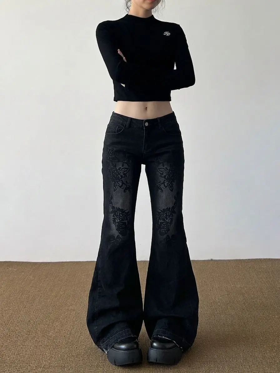 Women's Printed Pattern Black Flared Jeans Summer Girl Casual Wide Leg Pants Street Bottoms Female High Waist Denim Trousers