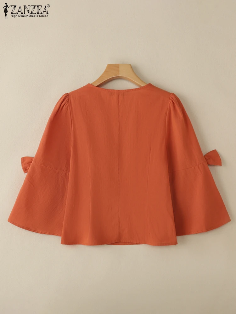 2025 zanzea elegante pescoço quadrado blusas de escritório verão feminino topos elegante 3/4 manga alargada camisa trabalho casual sólido arcos blusas