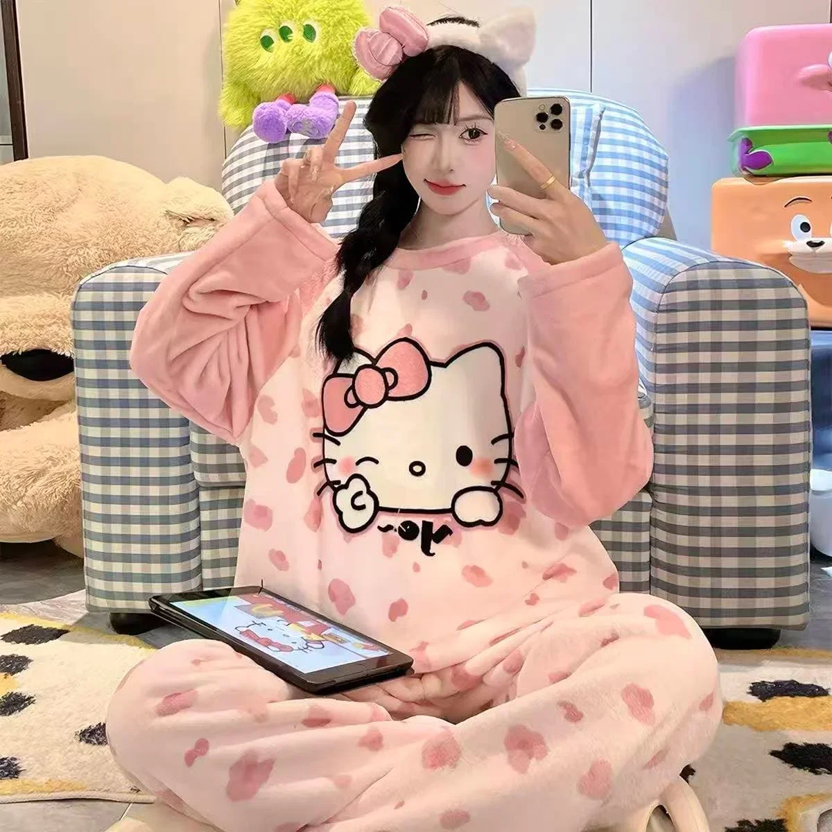 Cute Anime Usagi Pajamas Set Fleece Top Allover Cartoon Print Trousers Ladies Cozy Warm Flannel Home Sleepwear Family Matching 6
