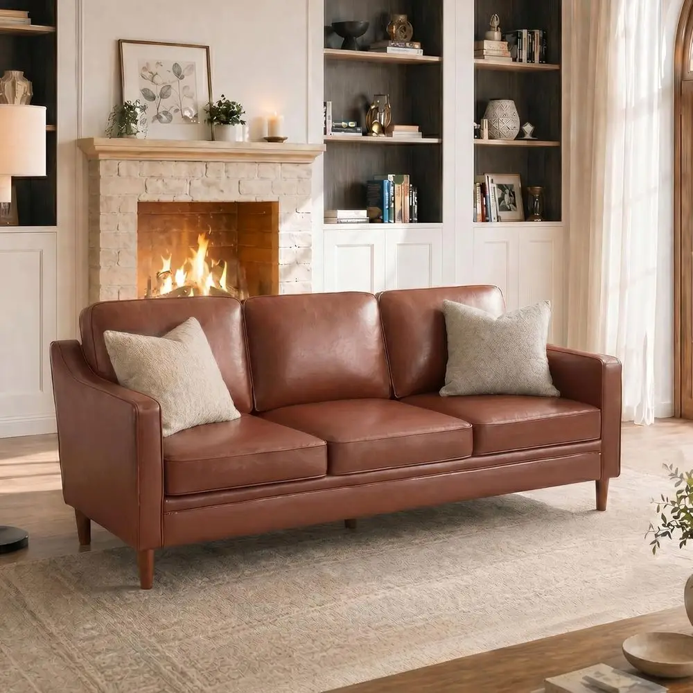 Sofá de Cuero de 3 Plazas, Estilo Century, con Patas de Madera Maciza, Apto para Sala de Estar y Dormitorio, Color Marrón Chocolate