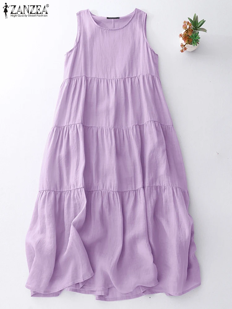 Zanzea sem mangas midi vestidos femininos 2025 verão casual o-pescoço em camadas a linha robes femme férias cor sólida vestido de verão S-3XL