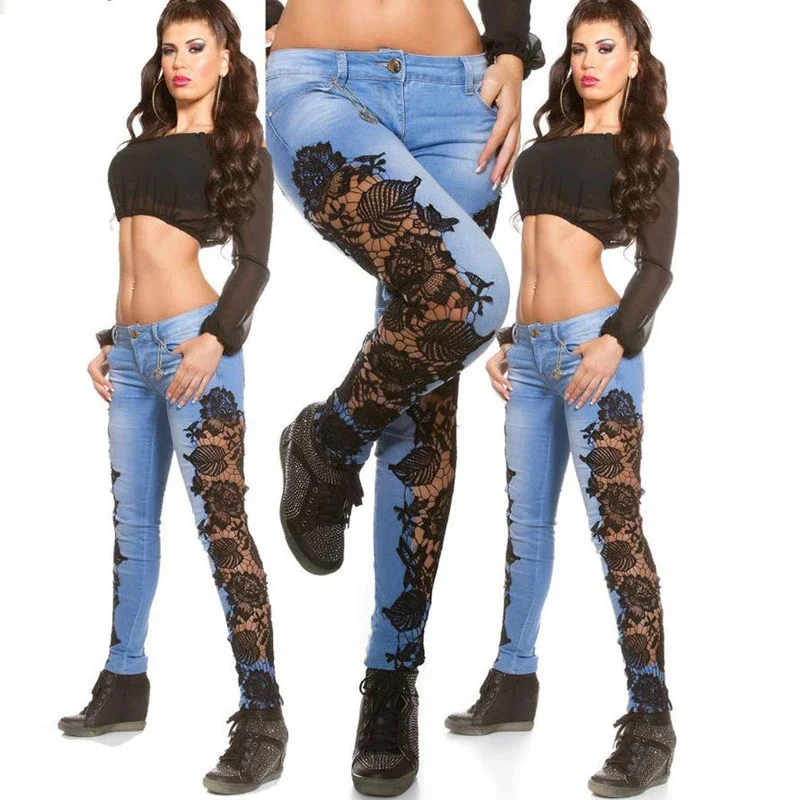 Women Lace Jeans Popular in Europe and America Style Slim Fit Women Pencil Jeans Pants Hot Sexy Skinny Jeans Club Wear