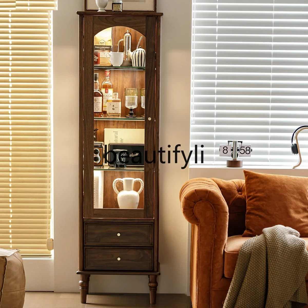 X Black Walnut Solid Wood Bookshelf Storage Vintage Display Home Display Wine Cabinet