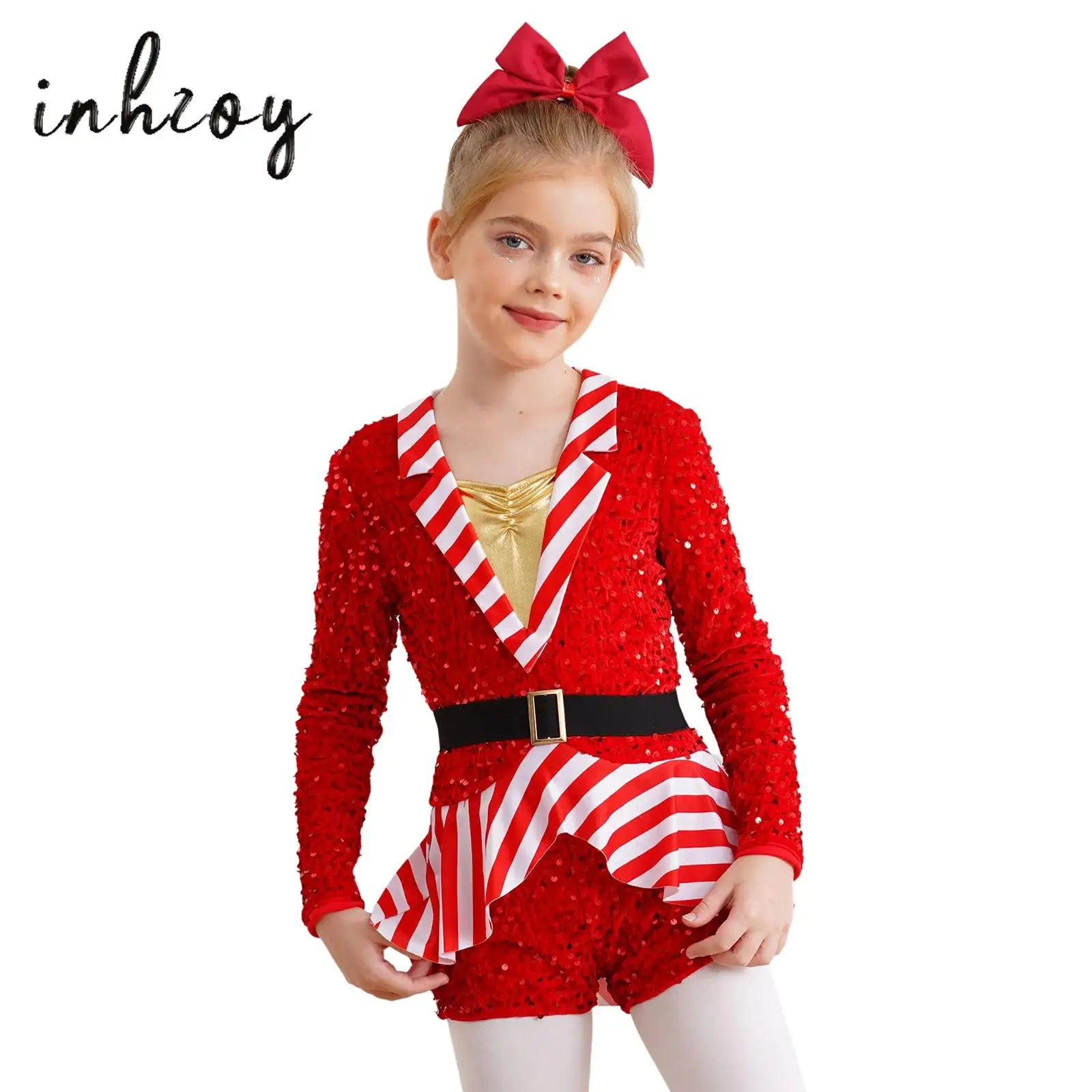 

Little Girl Sequins Christmas Dance Costume Candy Cane Striped Santa Sweetie Shorty Unitard Dress Ballet Jazz Bodysuit Dancewear