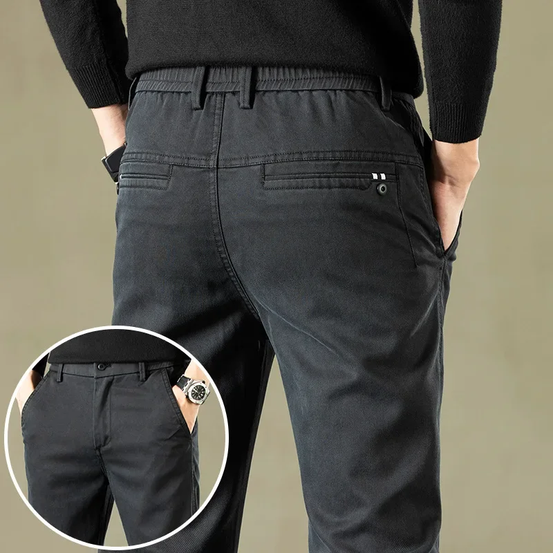 2024 Spring New Men\'s Casual Pants Brand Clothing Business Elastic Waist Thick Classic Slim Trousers Male Black Grey Brow