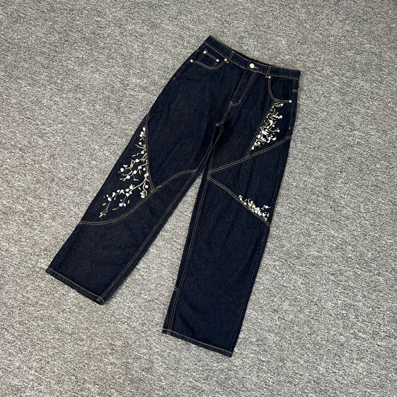 

Джинсы Derschutze Blossom Raw Embroidery Sakuras, мужские и женские свободные прямые брюки, повседневные брюки из ткани высокого качества