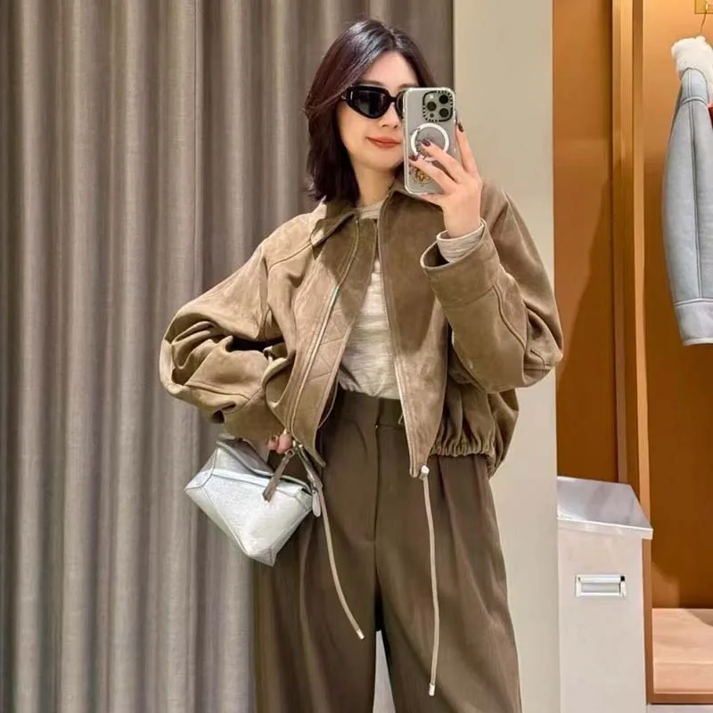 Retro หนังดอกไม้ Bud แจ็คเก็ตผู้หญิงอินเทรนด์เด็ก Suede Drawstring Silhouette สั้นเสื้อ Streetwear Chill Casaco Feminino