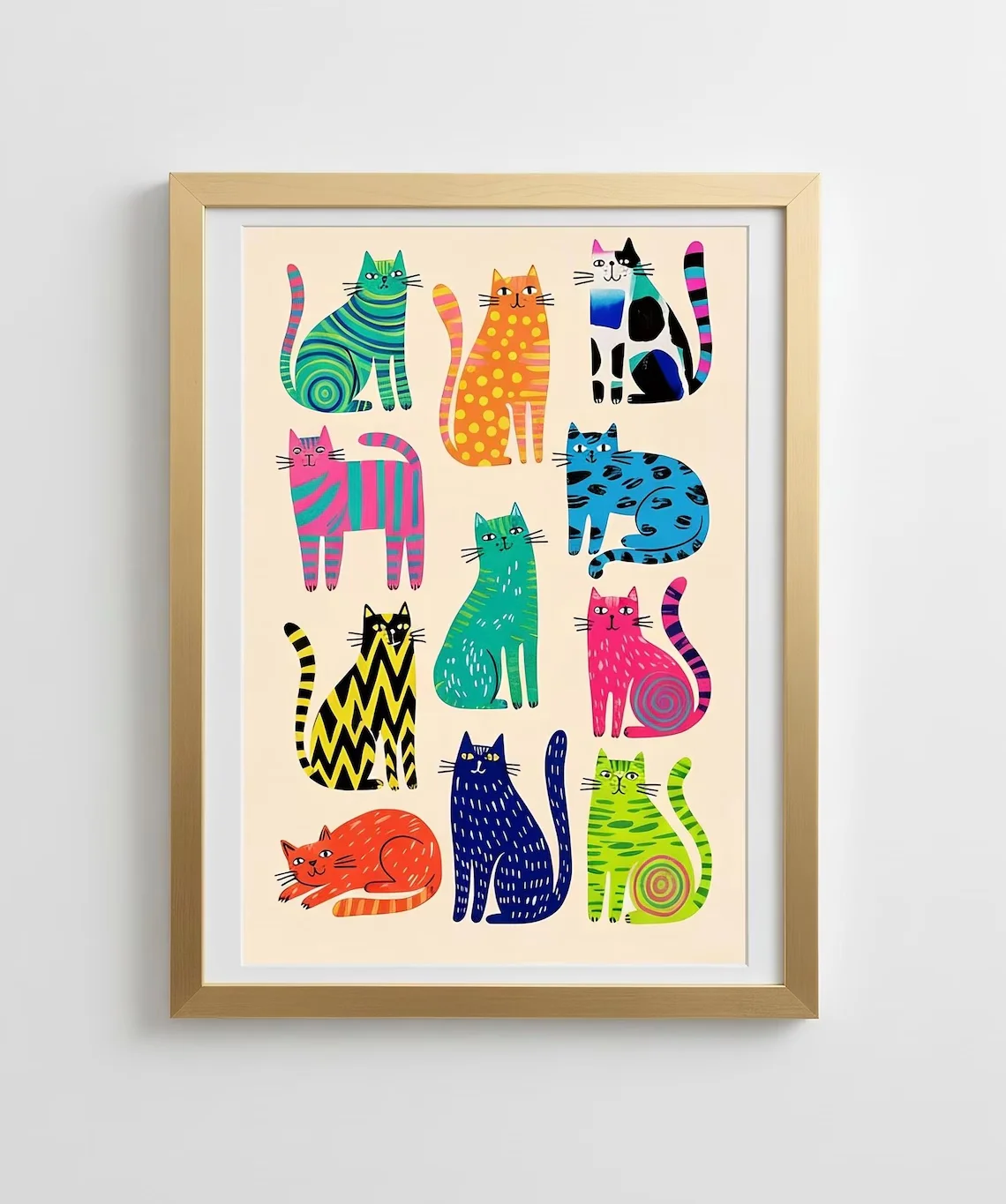 Bunter Katzen-Wandkunstdruck, skurrile Katzenplakat, moderne Pop-Art-Katzen, skurrile abstrakte Katzenkunst, lustig, Katzenkunst-Wandkunst Katze