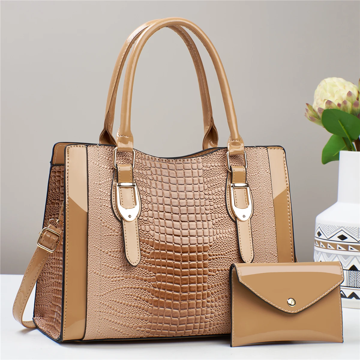 2pcs Glossy Crocodile Pattern Handbag Set, Fashion Top Handle Tote Bag, Women\'s Crossbody Bag With Mini Card Coin Purse