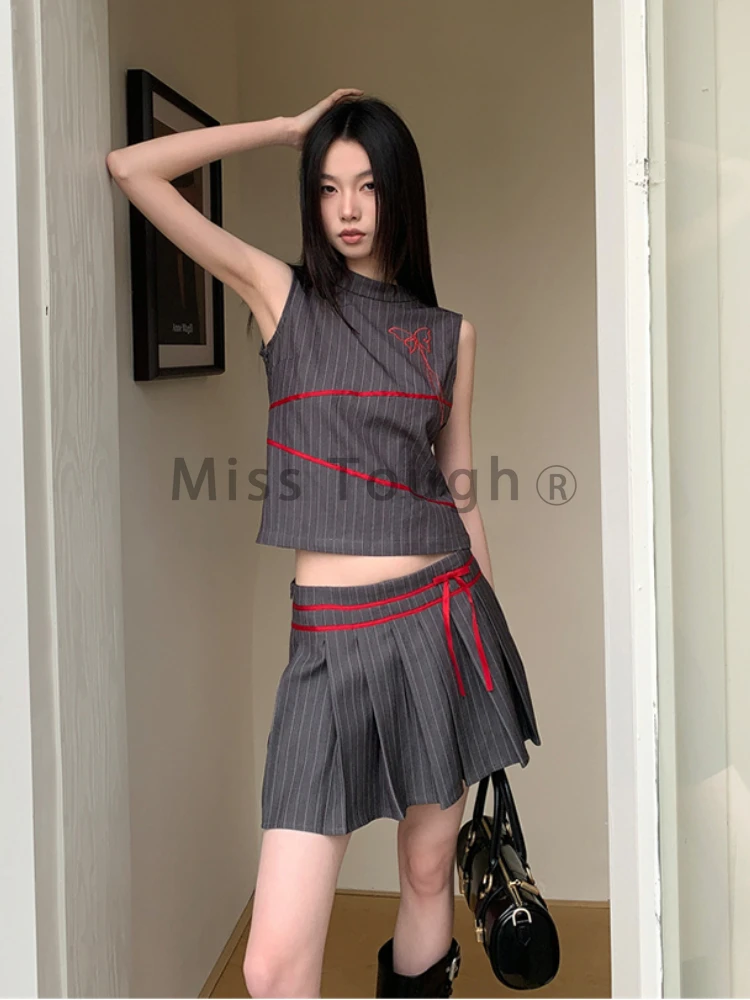 Summer Vintage 2000s Aesthetic Outfits Women Patchwork Elegant 2 Piece Set Striped Tank Tops + Mini Pleated Skirt Korean Fashion