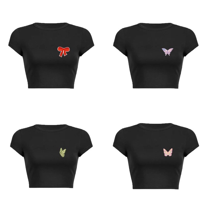 

Женская эстетичная футболка и шорты, винтажный костюм в стиле гранж с короткими рукавами, детские футболки, черные укороченные топы с вышивкой, милый галстук-бабочка