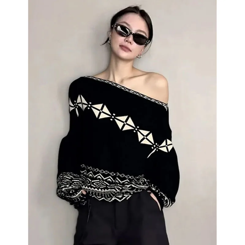 

Женский весенне-осенний новый удобный свитер, свободный джокер, мягкий удобный пуловер с диагональными плечами, уникальный повседневный женский свитер