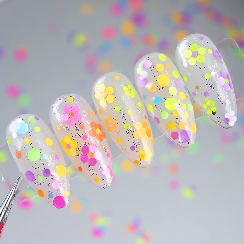 Fluorescente bolha redonda lantejoulas acessórios do prego tamanho misto círculo flocos unhas decoração da arte 3d bolinhas paillettes manicure