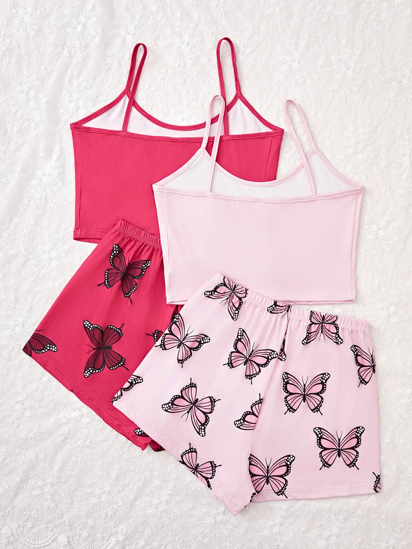 2 Set Women\'s new style pajama set Butterfly Halter top Pink shorts 4 piece casual loungewear