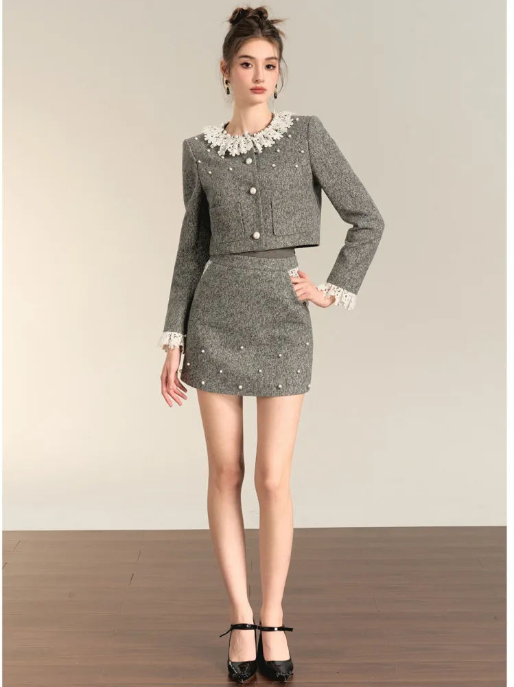 French Style High Quality Small Fragrance 2 Piece Lace Short Jacket Coat+Elegant A-line Pearl Skirt Winter High-end Fashion Sets