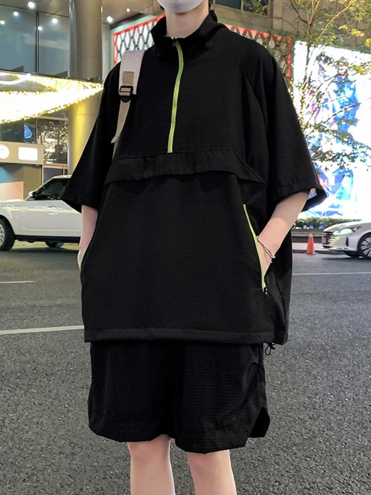 

Casual Thin ort Sve Zipper T-irt Set for Men Summer Breathable Lightweight Loose Fit Teenage Sle Creative Fun Print