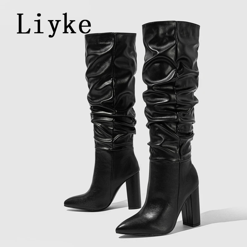 Liyke Size 35-42 White Pleated Leather Long Boots Women Autumn Winter Chunky Heels Motorcycle Knee High Shoes Botas Largas Mujer