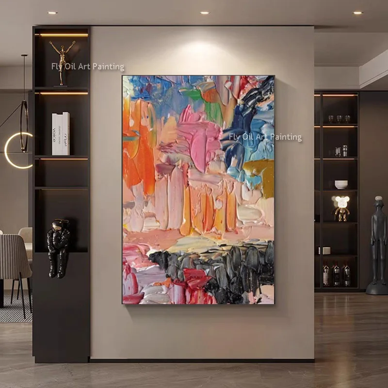 Abstract Colorful Knife Thick Canvas Artwork Original Hand Drawn Orange Red Yellow Oil Painting For Living Room Decor As Gifts
