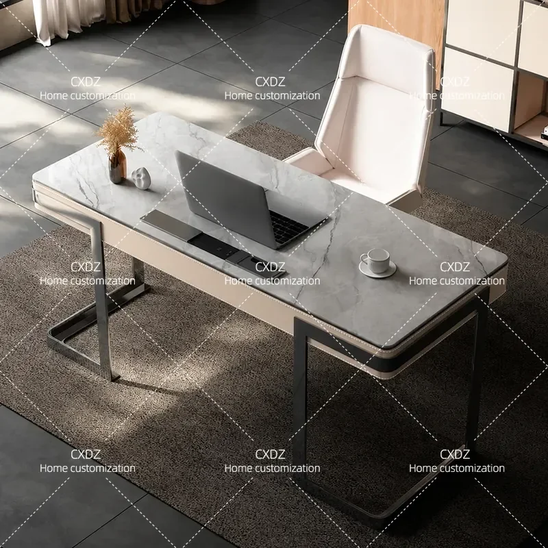 Minimalist Saddle Leather Desk Solid Wood Writing Table Light Luxury Computer Desk for Home Office Study