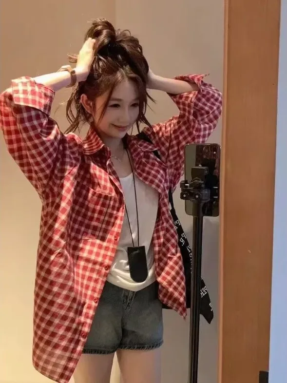 

Red Plaid Loose Fit Women's Shirt American Retro Style Thin Outerwear Cardigan Casual BF Version Spring Commute Fashion