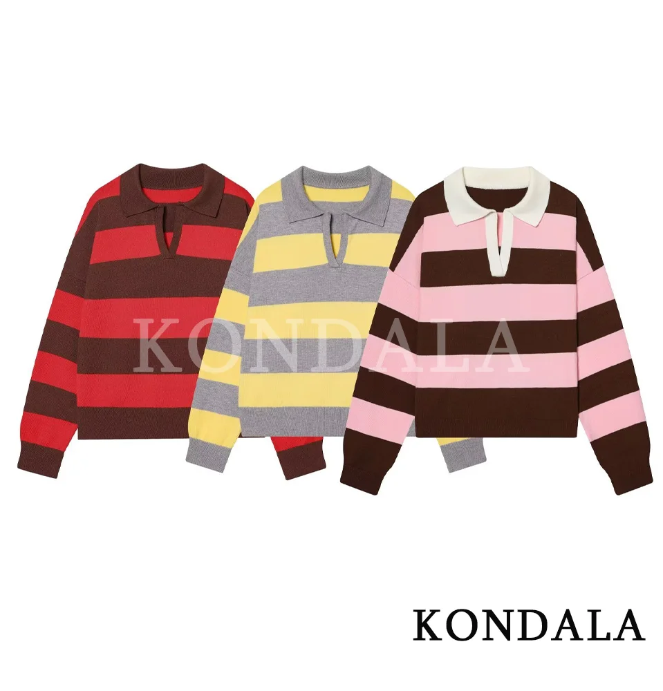 KONDALA Herbst V-Ausschnitt gestreifter Pullover Damen Weihnachten rot Strickpullover Tops 2025, Frühling Herbst Mode niedlich lässig Damenpullover