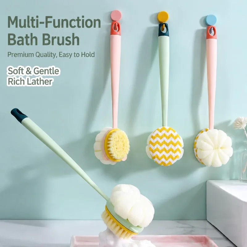 Double-sided Bath Brush, 2-in-1 Shower Sponge and Loofah Long Handle Body Scrubber for Exfoliating Back