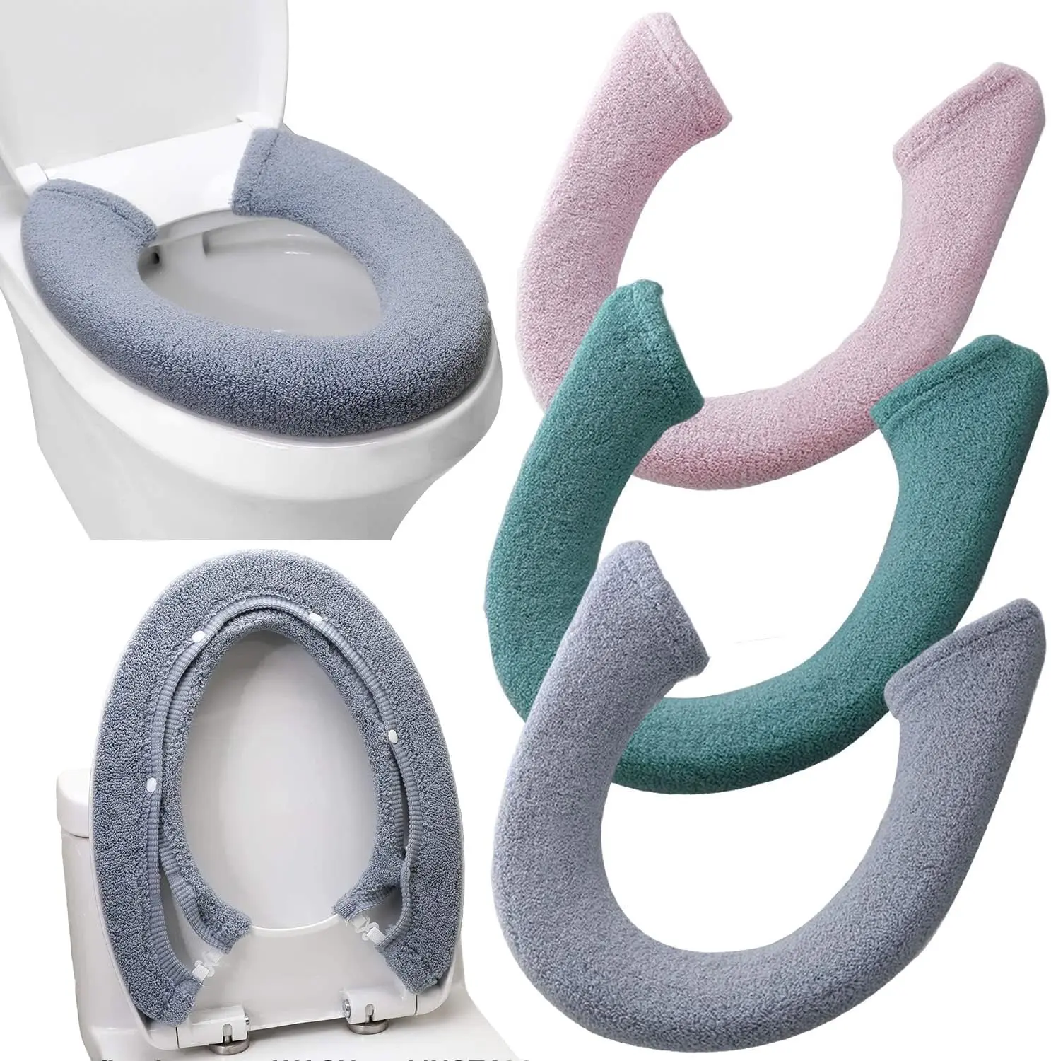 

3 Pack Toilet Seat Cover Soft Thicker Warmer with Snaps Stretchable Washable Fiber Cloth for Bathroom (Gray, Pink, Green)