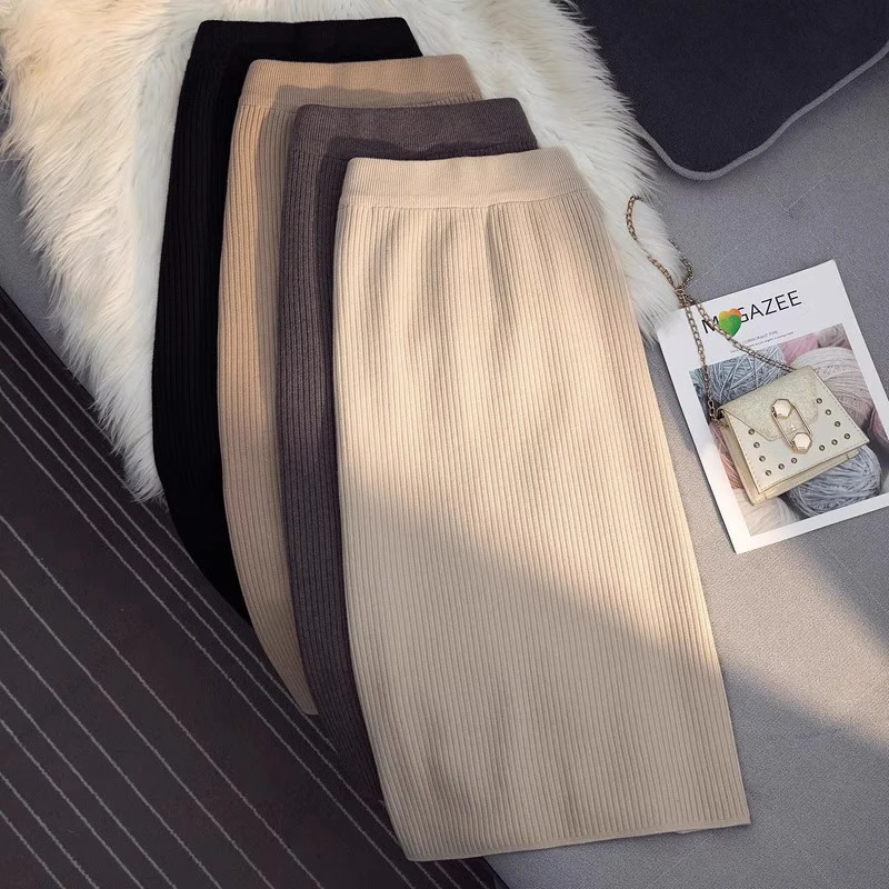 Korean Winter Cashmere Knitted Long Skirts For Women Fashion Mid-length High Waist A-line Skirts Female Wool Bottoms 2024