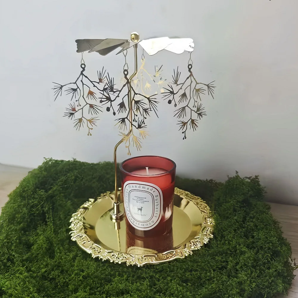 Spot Holiday Gift Aromatherapy Gold 15CM Stainless Steel Pattern Tray Rotating Candlestick Marquee