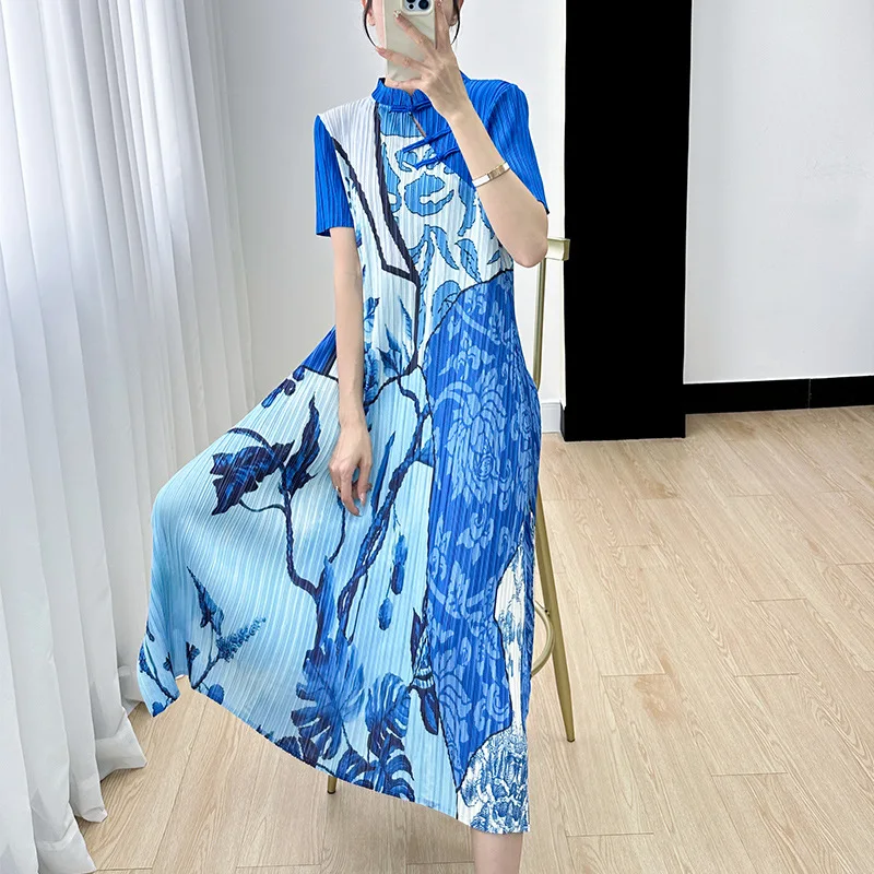 

Vintage Women's Long Dress Elegant Dress Summer Stand Up Neck Short Sleeve Three House Fold Elastic Loose Modified Plaid Blue