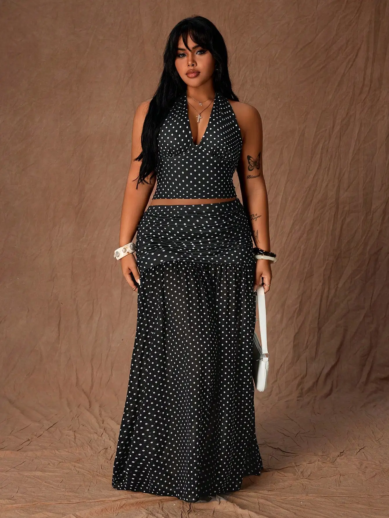 

Комплект из укороченного топа с воротником-стойкой и юбки макси в горошек больших размеров, в стиле французского ретро, летний наряд для пляжного отдыха