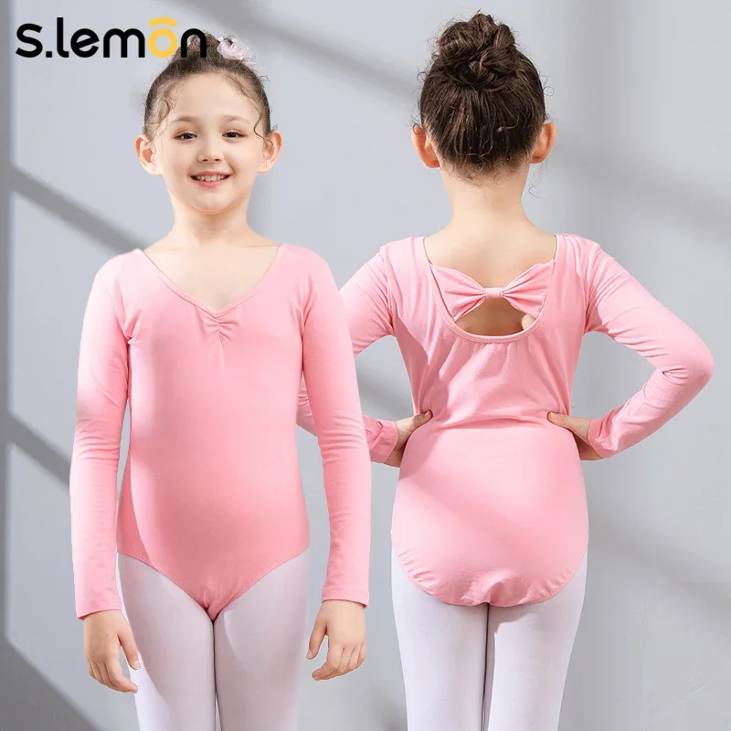 

Танцевальный купальник с длинными рукавами для маленьких девочек, хлопок, спандекс, мягкий дышащий эластичный комфортный тренировочный наряд с бантом на спине, 90-150 см