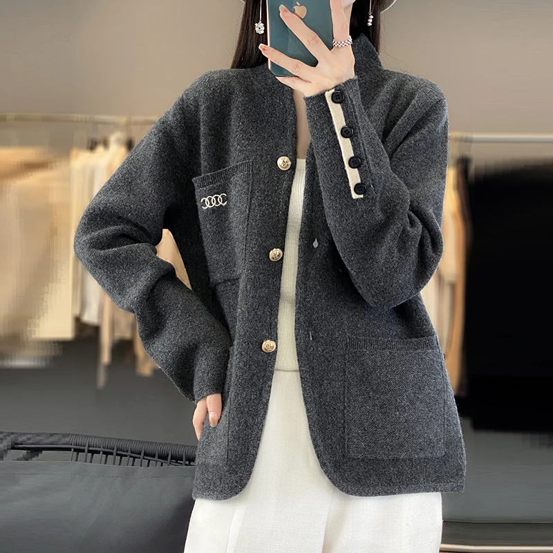 Women\'s Cardigan Autumn Winter New Knitted Sweater Fashion Thickened Stand Up Collar Cardigan Korean Version Large Clothing Top