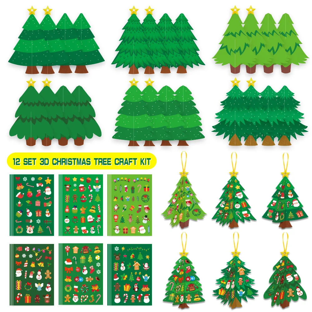 24pcs/set Fun Cartoon 3D Christmas Tree Ornament DIY Card Stickers Handmade Craft Gift Perfect for Family Holiday Gathering
