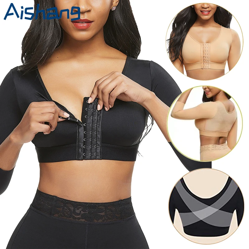 Intimo modellante per braccia da donna, corsetto modellante snellente, correttore corporeo, maniche lunghe, reggiseno sportivo push-up con chiusura frontale e gancetti