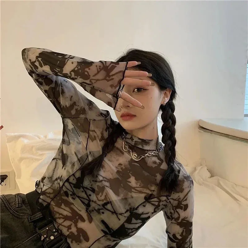 تي شيرتات طويلة الأكمام للسيدات بربطة عنق مطبوعة صيفية مقاومة للشمس قطع علوية مقصوصة موضة شارع العليا الشاش على الطراز الكوري أنيقة للمراهقين ريترو #6