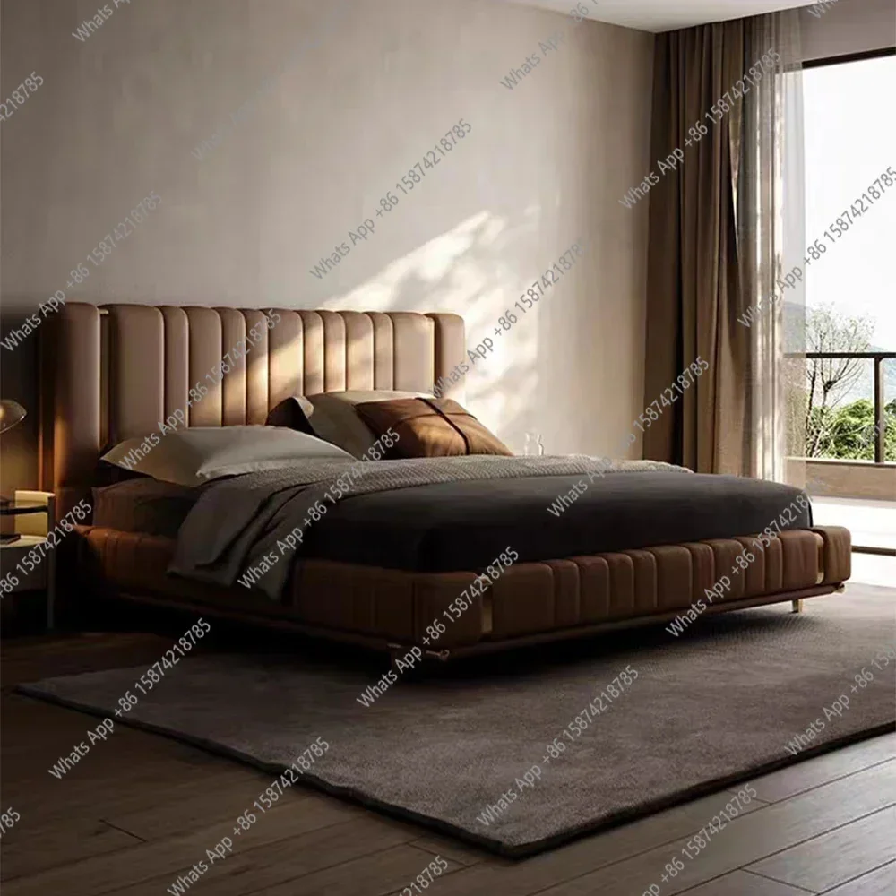 

YX MANBAS Modern Genuine Leather Wedding Bed, High Back Upholstered Stainless Steel Double Bed, Luxury King Size Beds 2 People