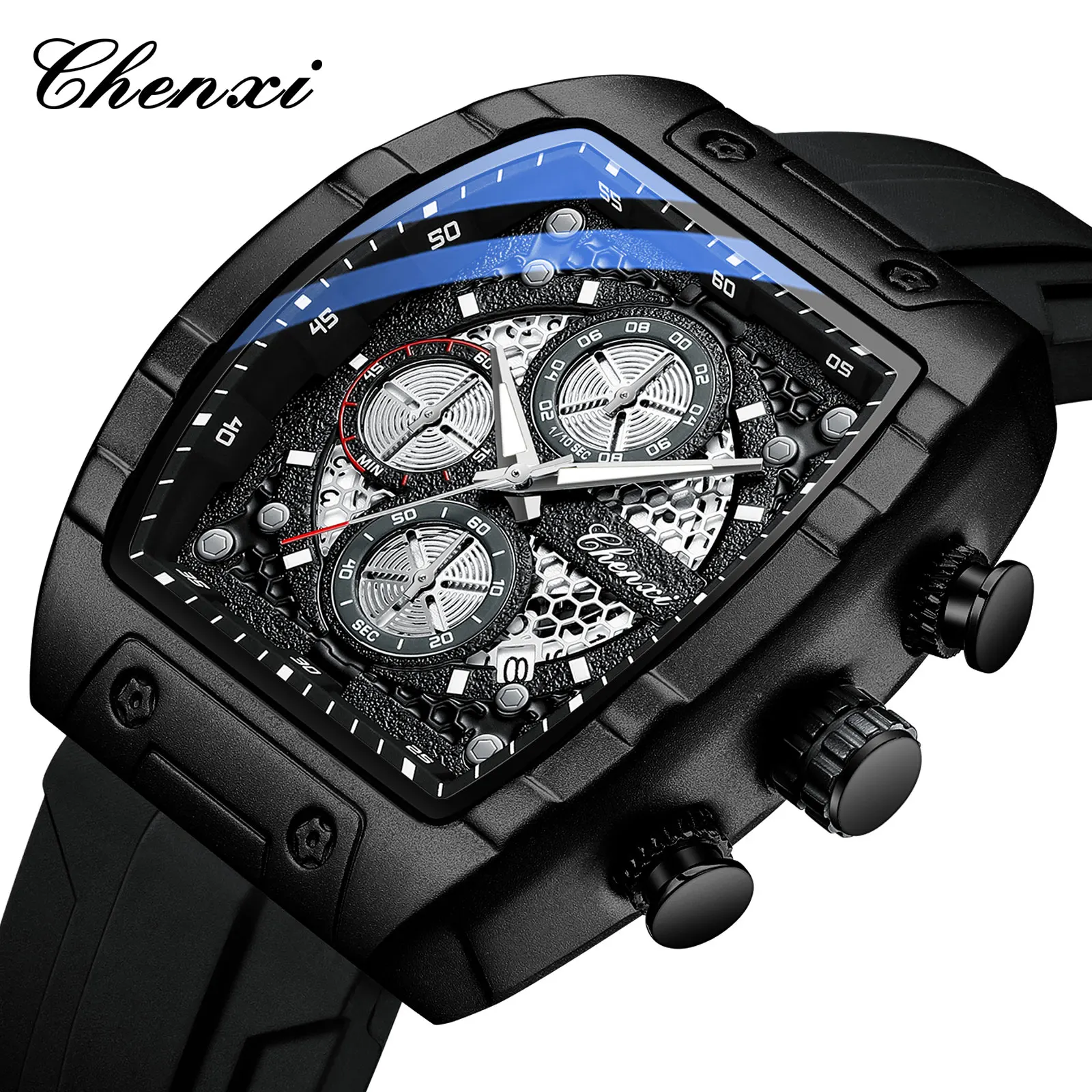 Mens Watches Fashion Sports Black Silicone Strap Chronograph Date Quartz Wristwatch Man CHENXI Brand Original