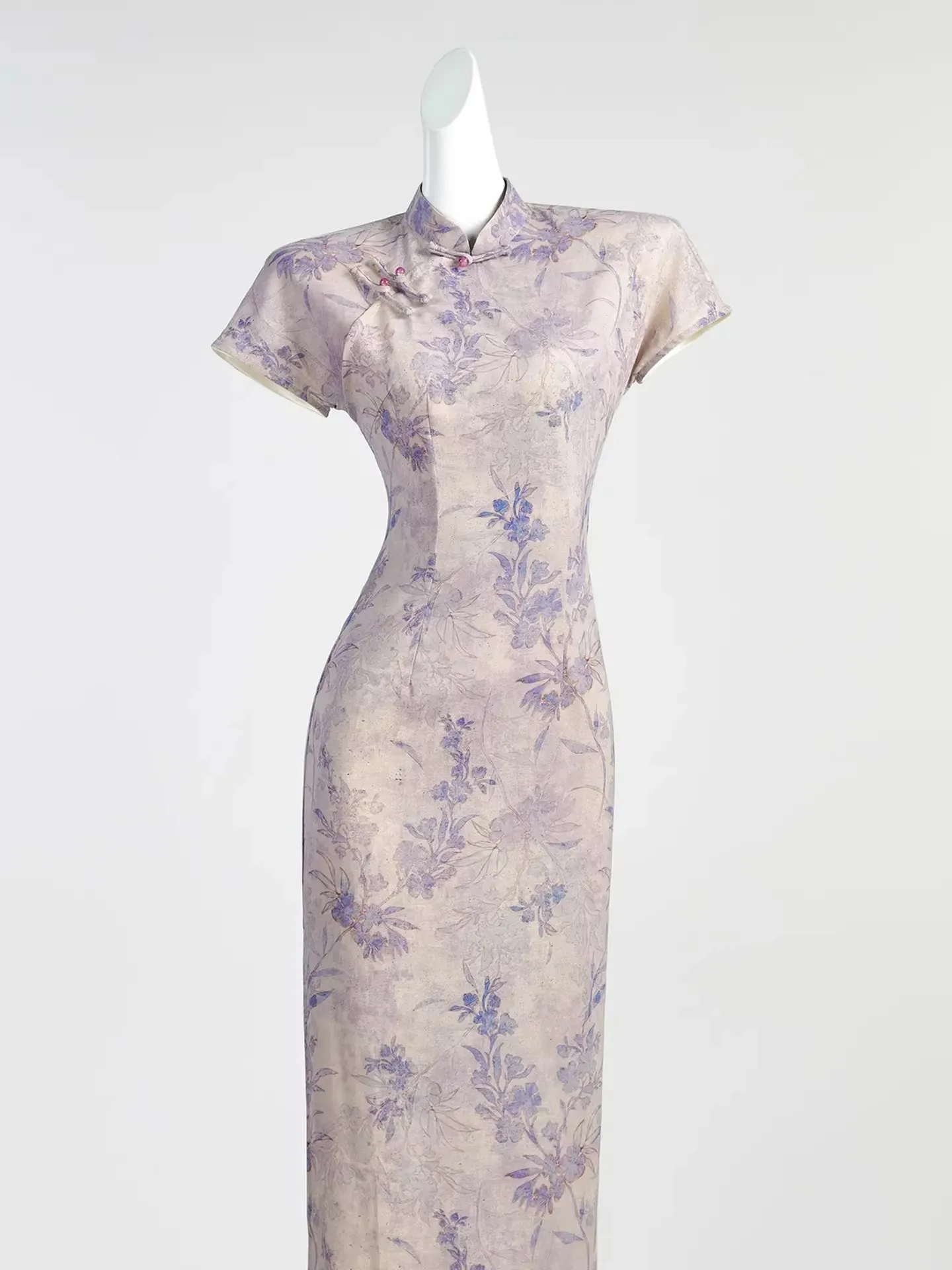 Elegant Slimming Purple New Chinese Style Reformed Qipao Dress Summer 2026 Breathable Floral Polyester Long Skirt Daily Wear
