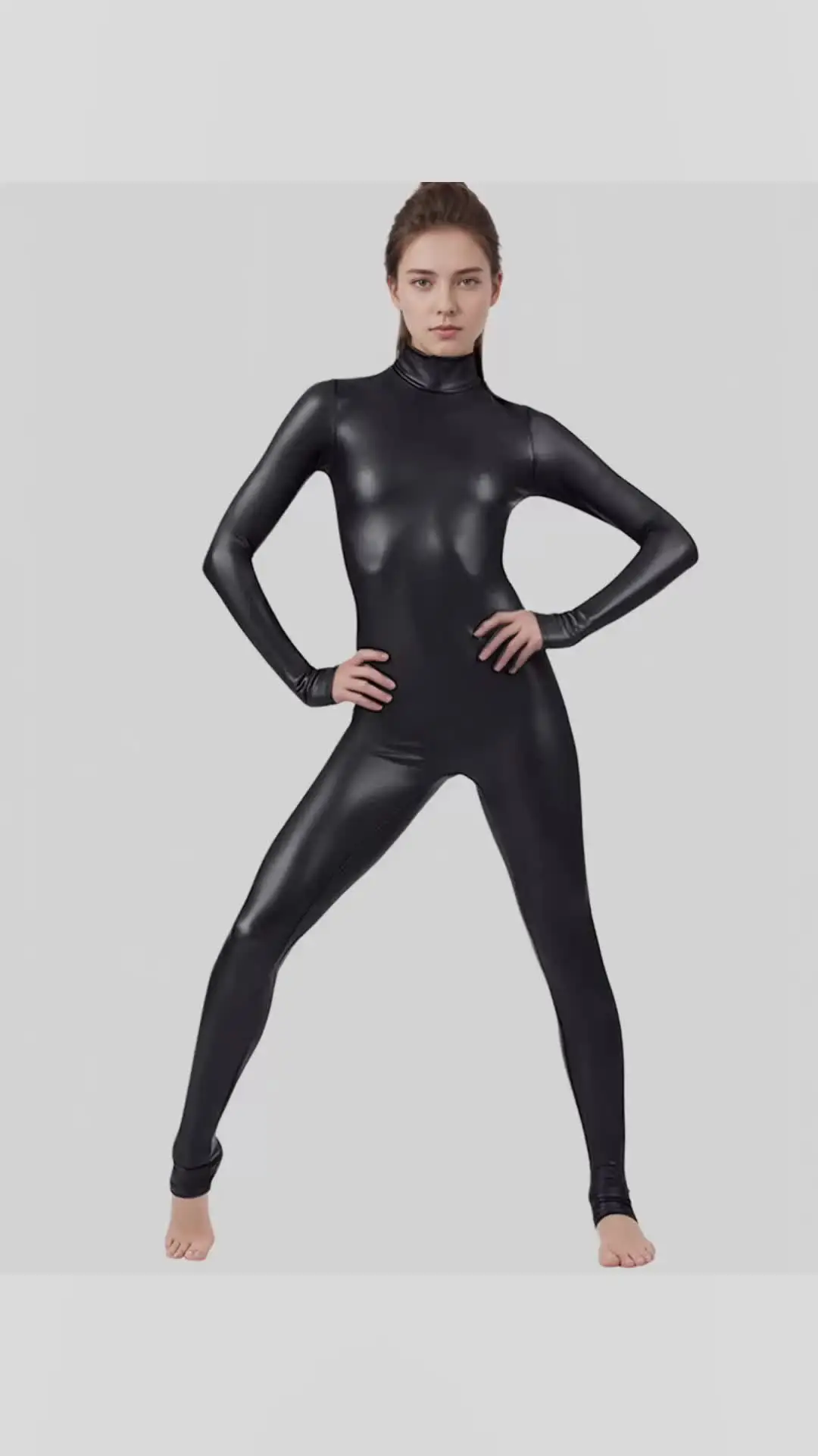 大人の女性のシャイニーメタリックスパンデックスキャットスーツタイツ