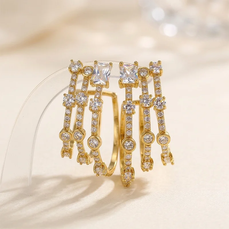 Luxury Triple Layer C Shape Hoop Earrings for Women Full Micro Pave CZ Emerald Green Square Crystal Earrings Minimalist Jewelry
