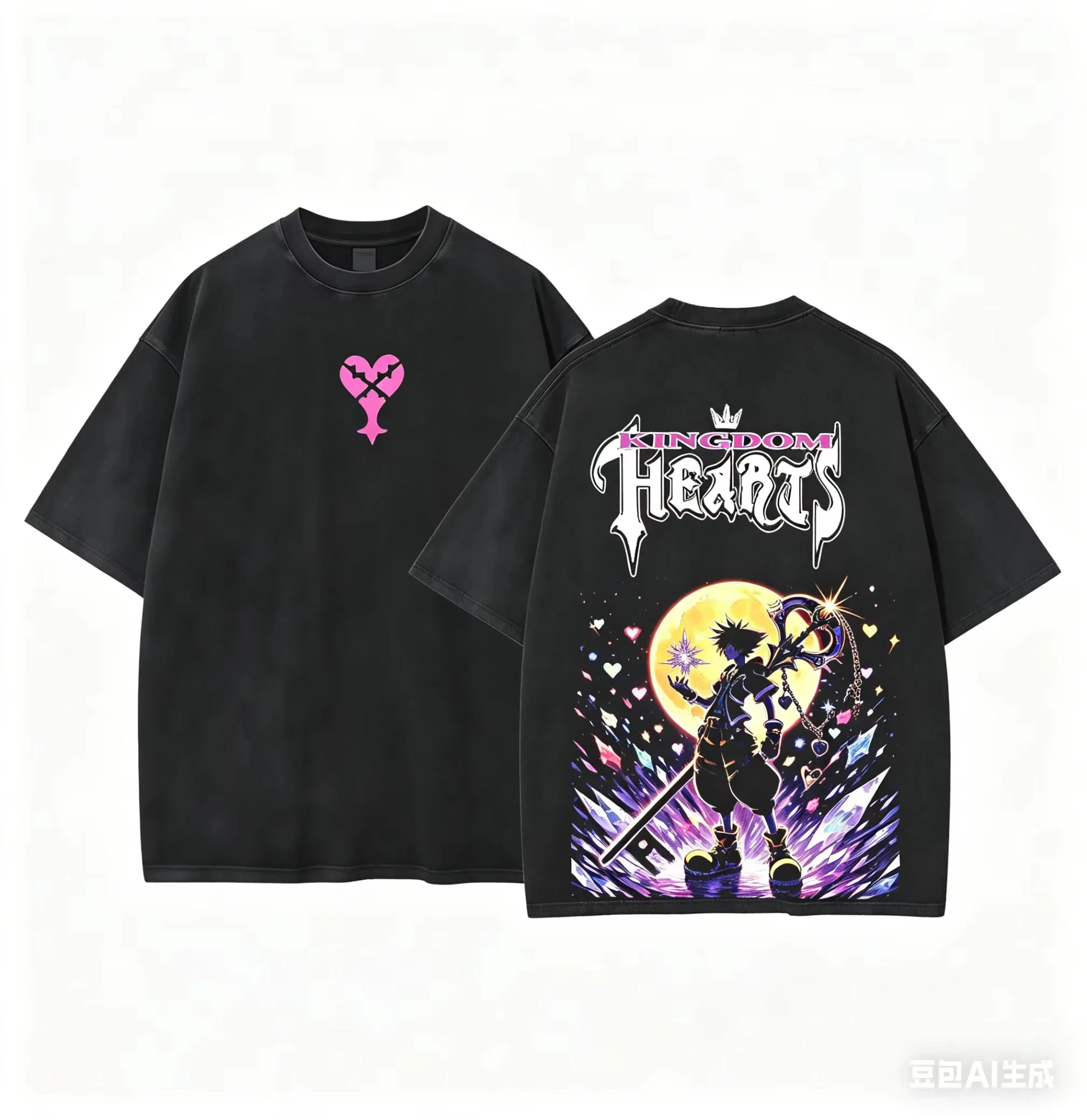 2026 summer Vintage Game Streetwear Tee, Kingdom Hearts Sora Keyblade Dual-Sided Print Casual Washed Top For Men Women