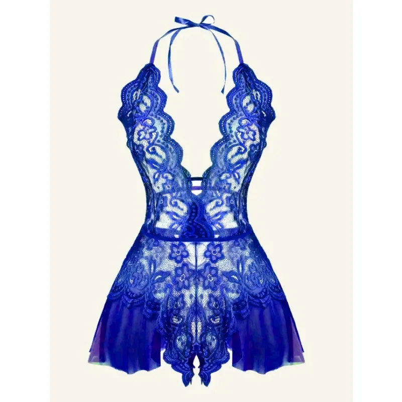 Women's Summer Sexy Halter Halter Dress Open Bra Crotchless Tight Solid Color Pajamas Lace Lace Hollow No Underwire Home Wear image 3