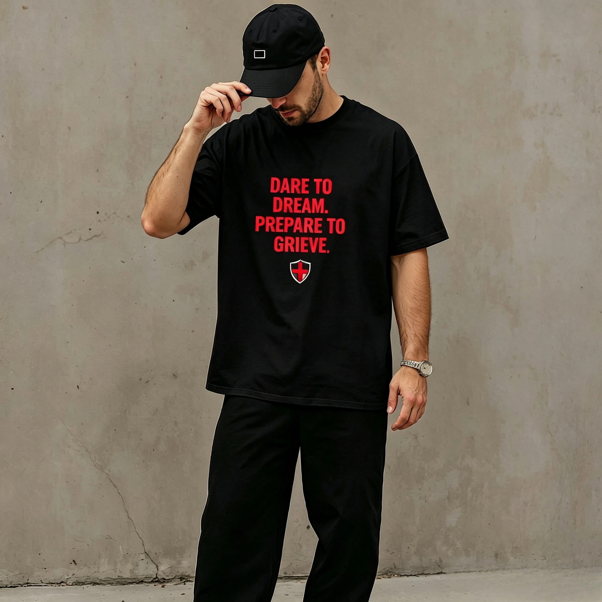 Dare To Dream Prepare To Grieve England St George Cross Print T-shirt Men Oversized Black Cotton Football Fans Tee