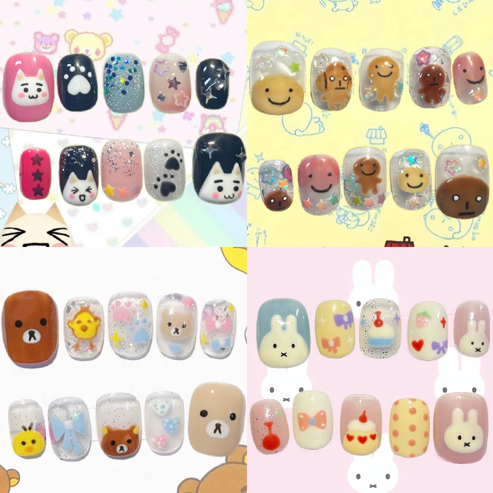 

10Pcs Y2K Kawaii Rilakkuma Short Square Round Handmade Press On Nail Glitter Sequin Strawberry Cake Bow Reusable Full Cover Nail