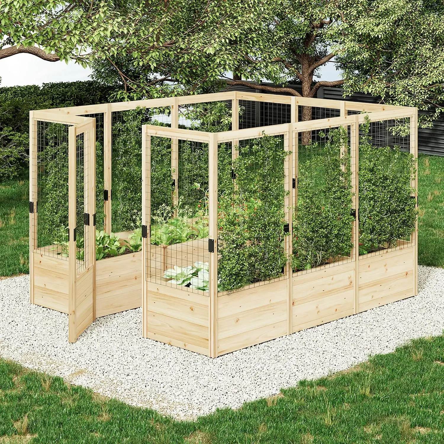 U-Shape Raised Garden Bed,7 Grids Wooden Planter with Proof Fence