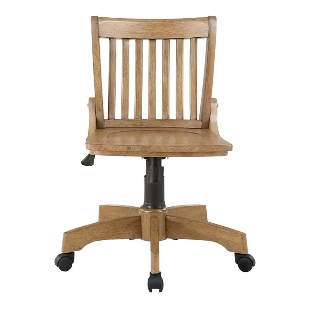 Traditional Wood Bankers Office Chair, Medium Brown Finish, Adjustable Seat Height, Slatted Back, 5-Wheel Caster, Customized