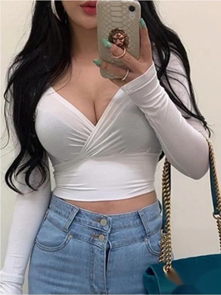 WOMENGAGA Korean Short V-neck Pleated Cross Blue Long Sleeve Top Women's Tight Slim Big Chest Tshirt Tees Sexy Tops 48VV