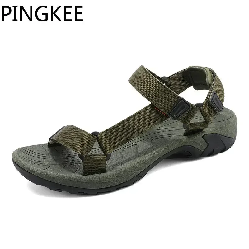 PINGKEE Fabric Upper Adjustable Men Summer Leather Sandals Original Mens Sandals Man Leather Classic Slip on Flat Men\'s Shoes